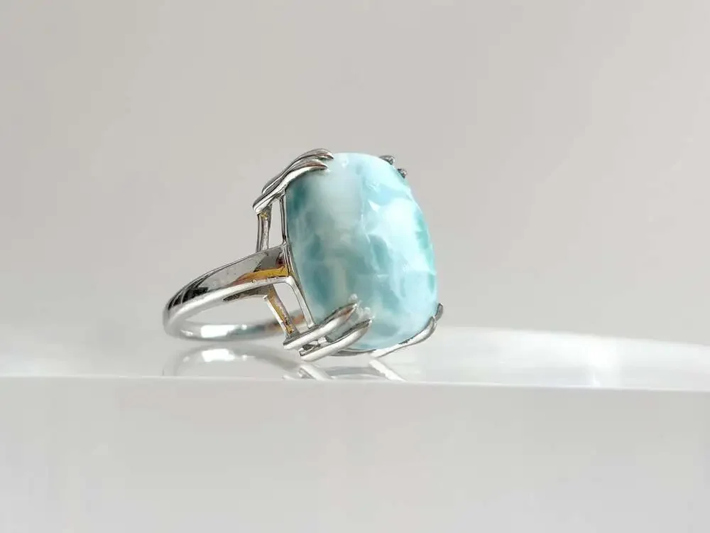 Larimar Solitaire Cabochon Gemstone Sterling Silver Claw Prong Set 925 Vintage R